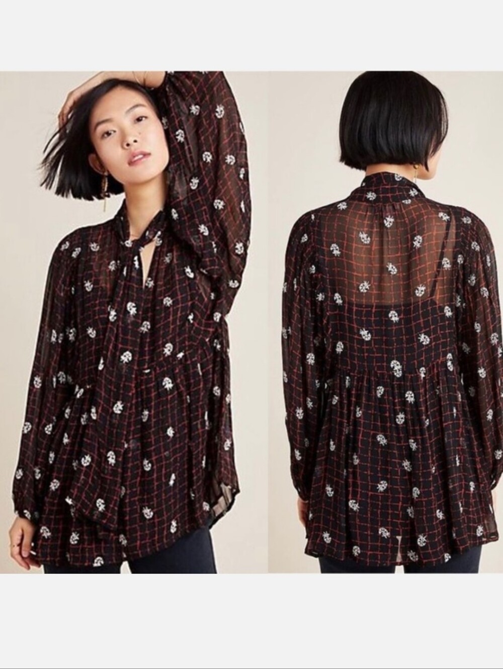 Anthropologie Not So Serious Sheer Tie Blouse Women's M Long Sleeve Boho - Picture 7 of 7